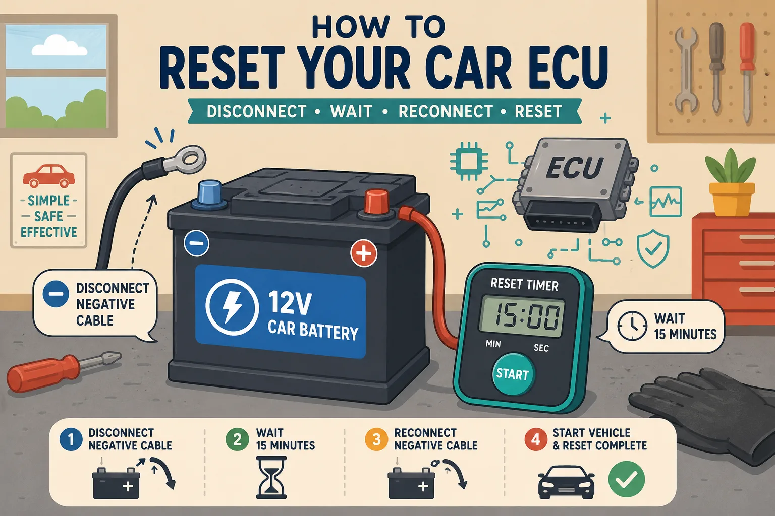 Illustrated car battery disconnect with reset timer