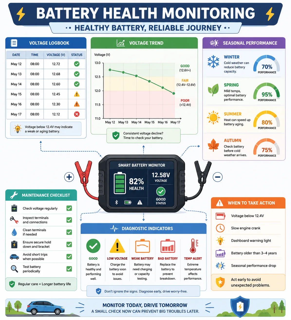 Tracking battery voltage history and health trends over time