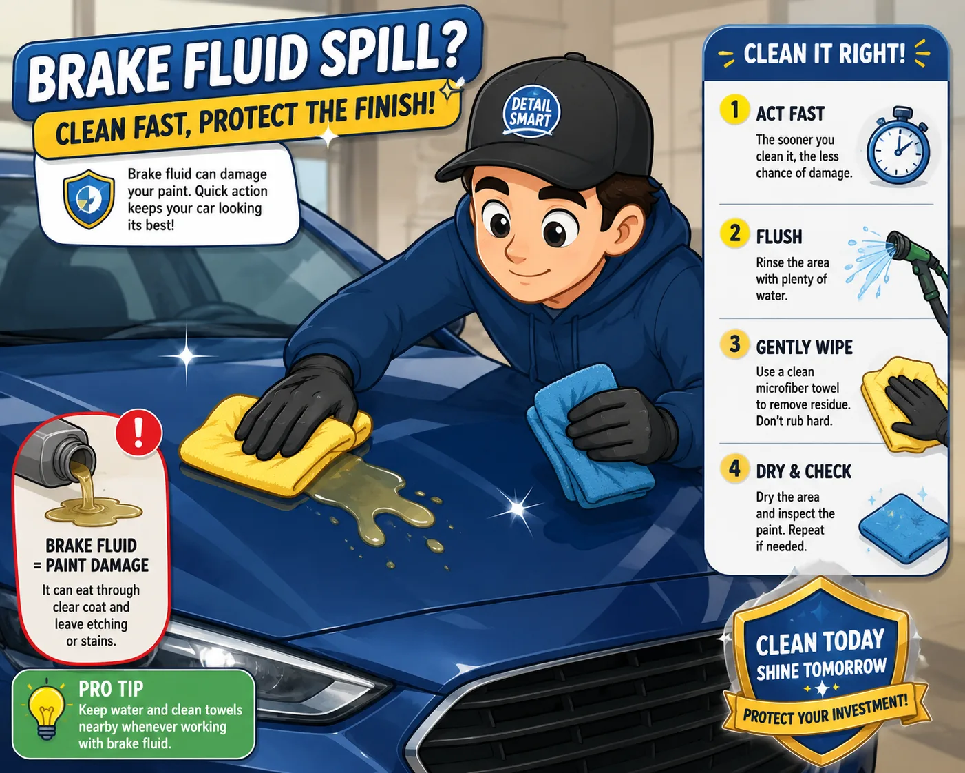 Cartoon style illustration of cleaning spilled brake fluid from a car surface