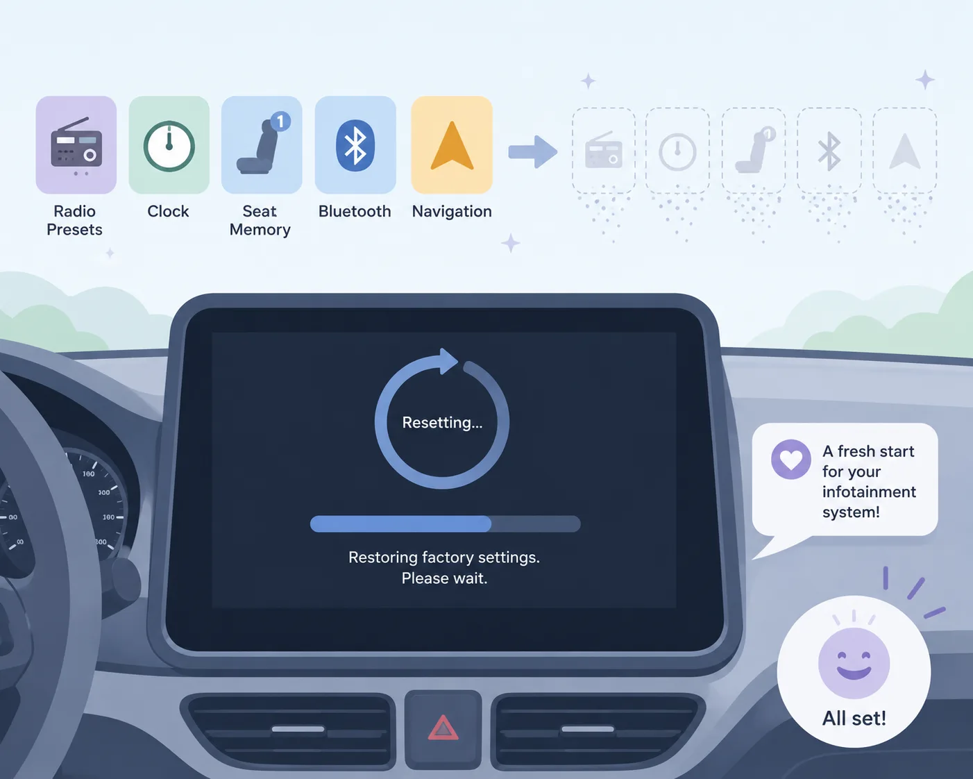 Flat illustration of car settings erased after battery reset