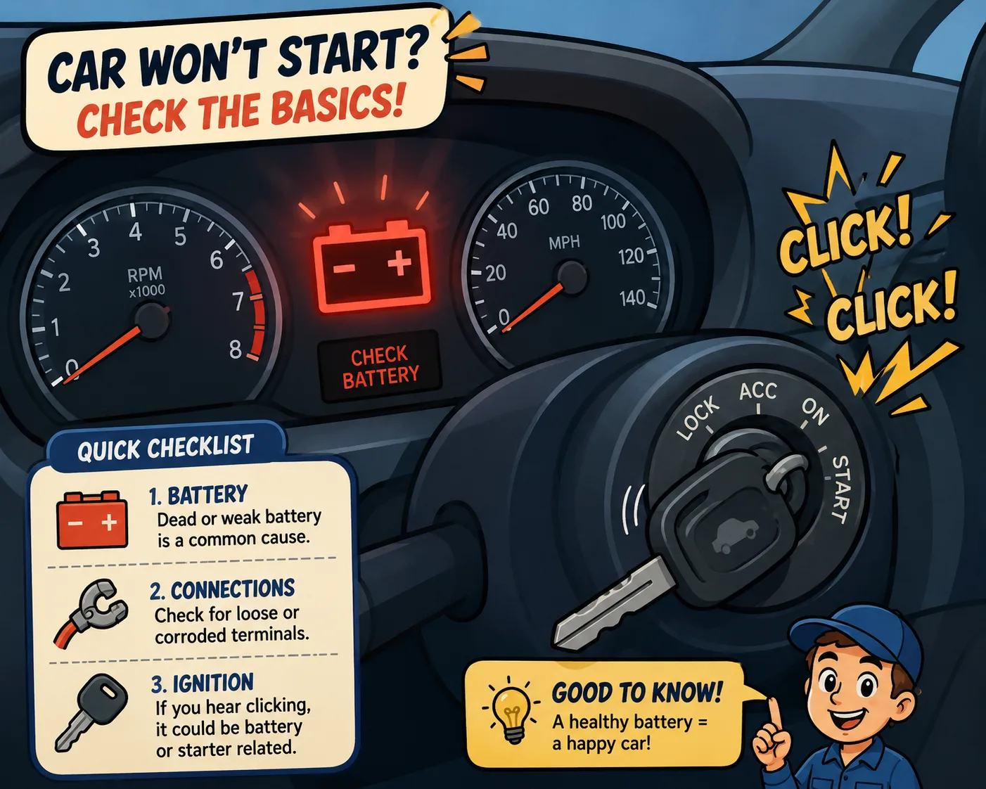 Stylized car dashboard showing startup clicking and battery warning signs