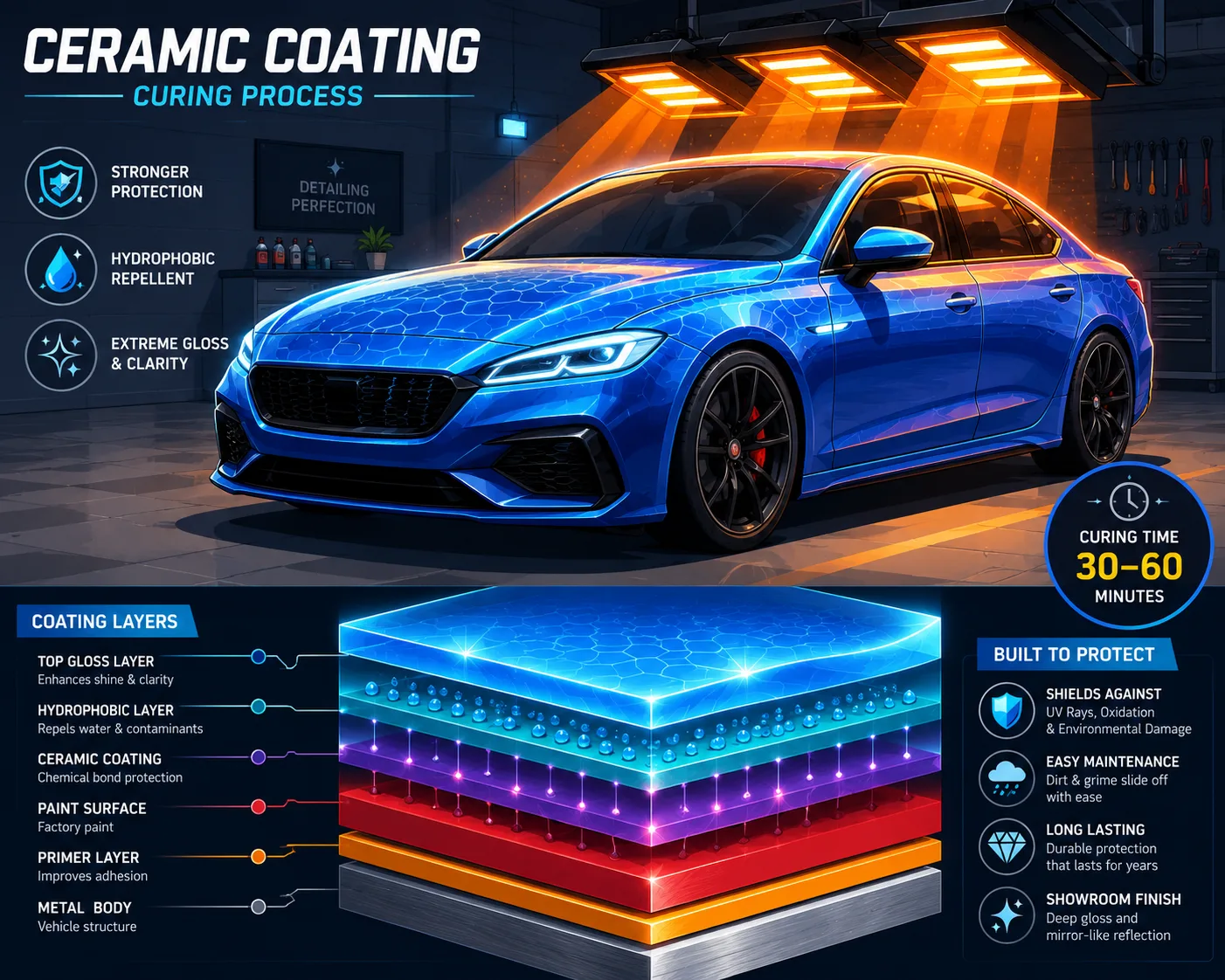 Illustrated ceramic coating curing process on a car surface