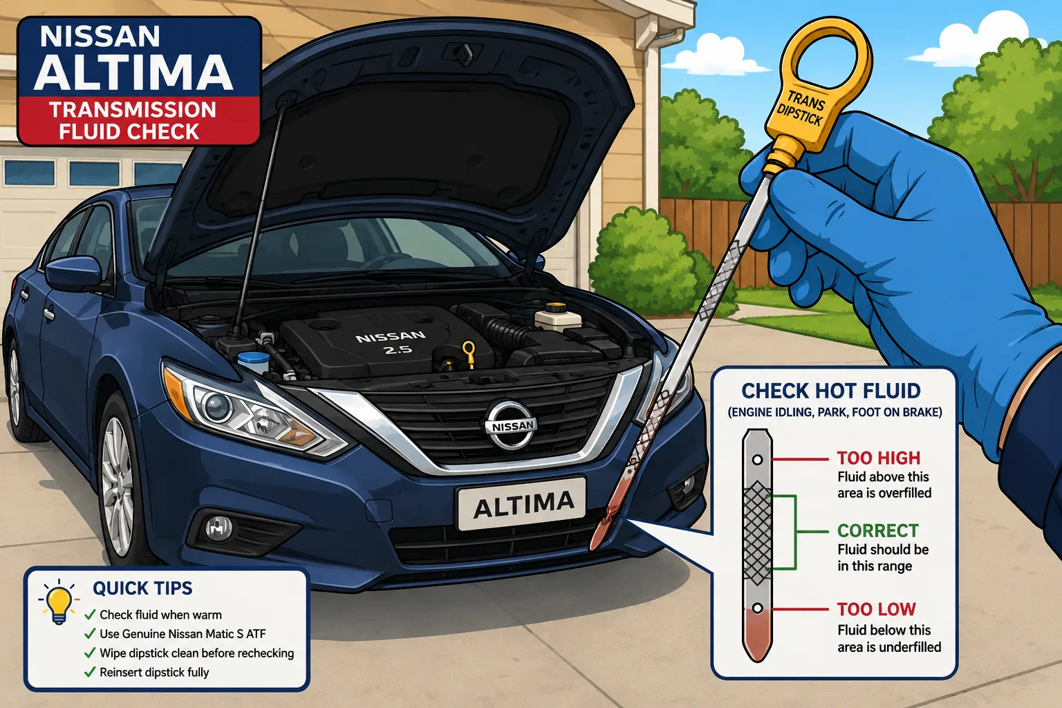 Cartoon illustration of checking Nissan Altima transmission fluid with a dipstick