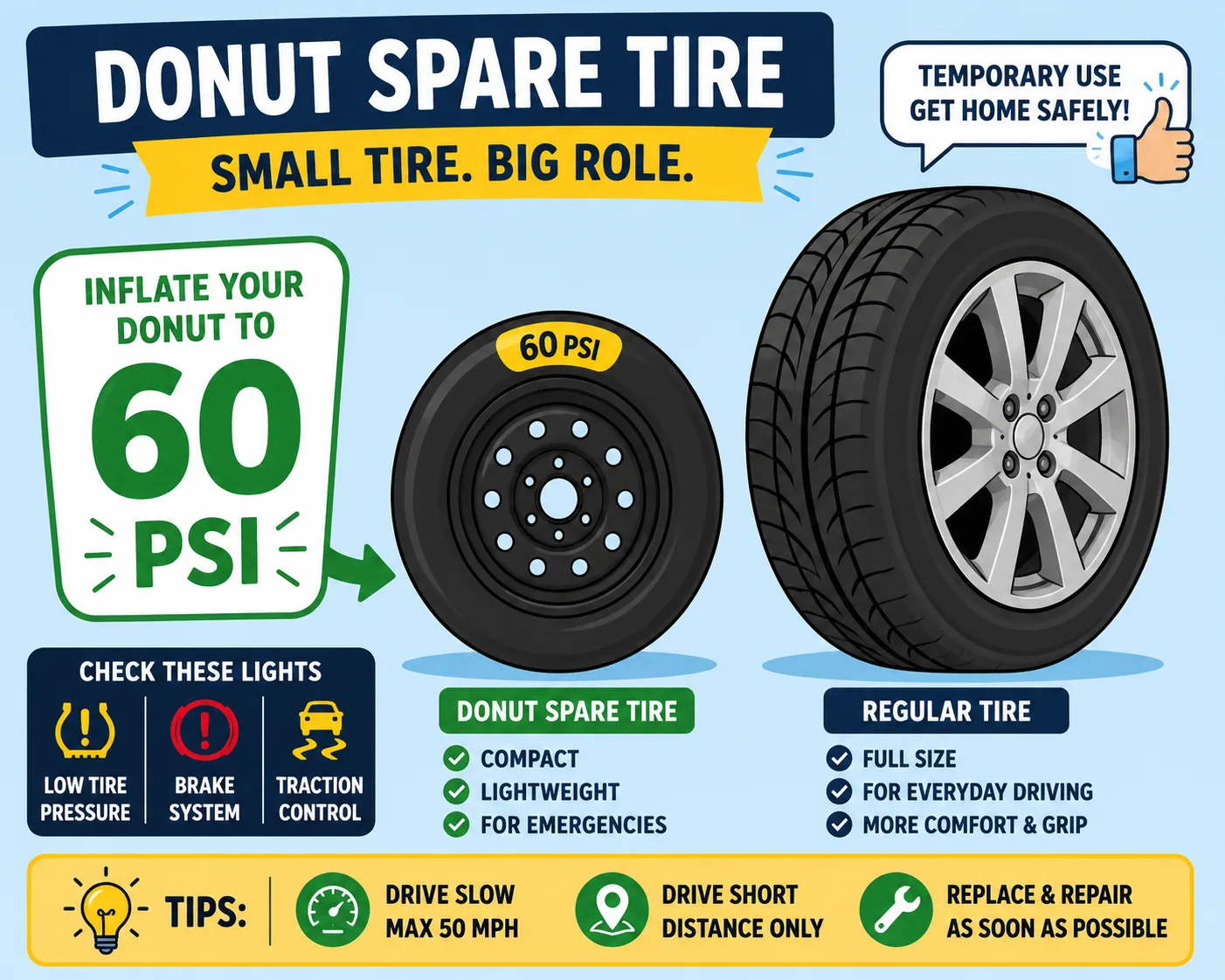 Stylized compact donut spare tire labeled 60 PSI
