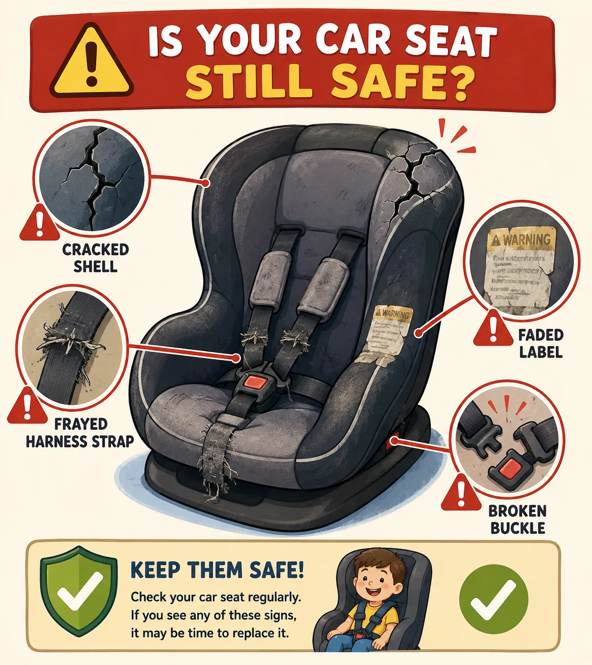 Stylized damaged car seat showing warning signs for replacement