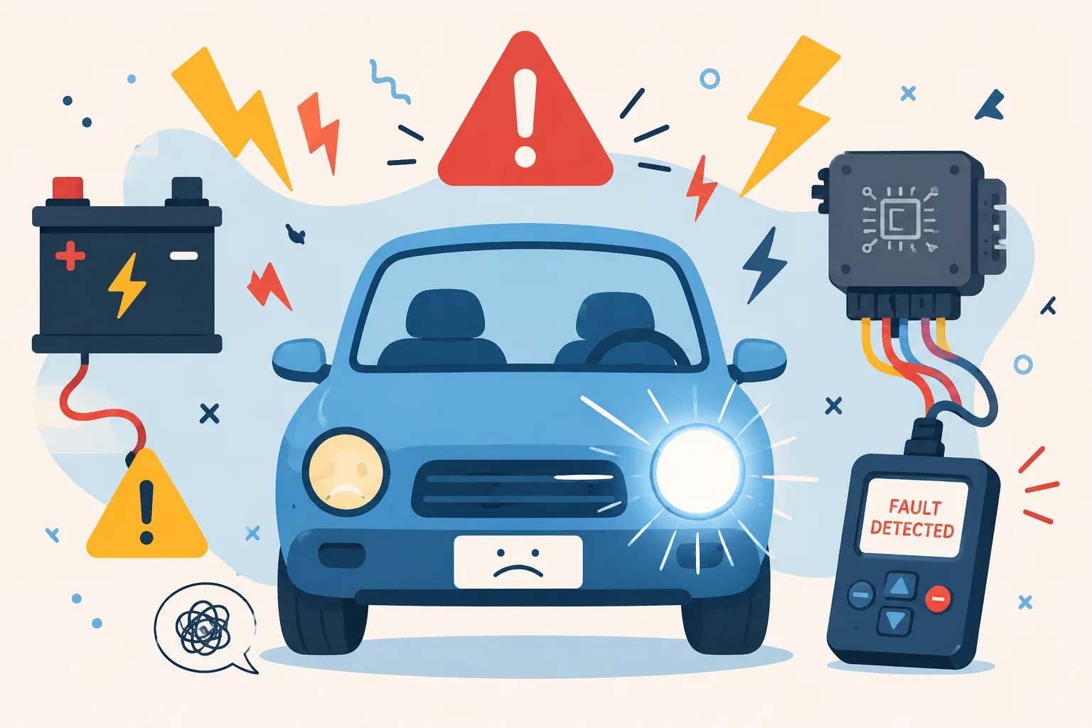Stylized illustration of dim headlights and electrical surge warning symptoms