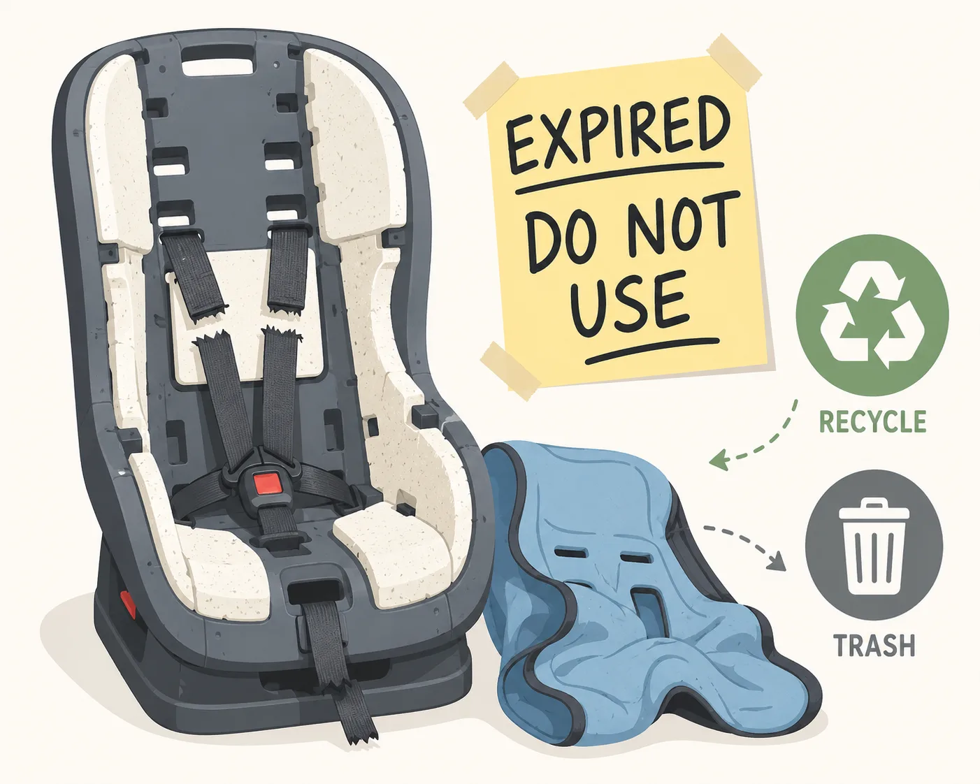 Flat illustration of expired car seat prepared for safe disposal