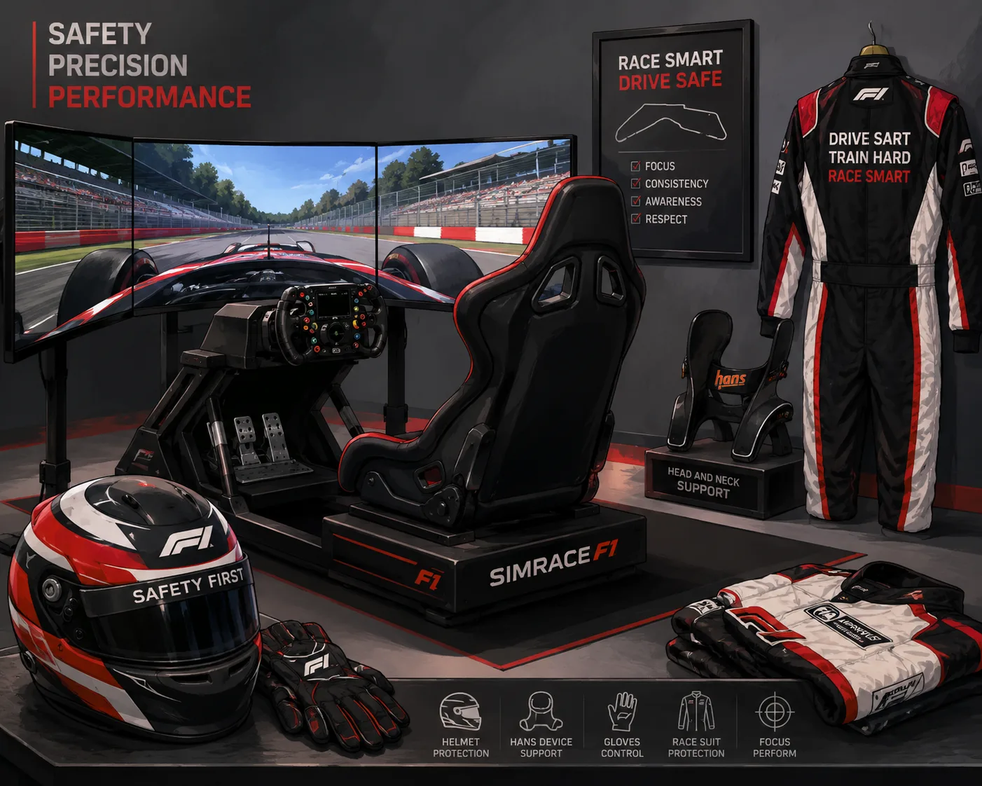 Stylized F1 simulator and safety training equipment illustration