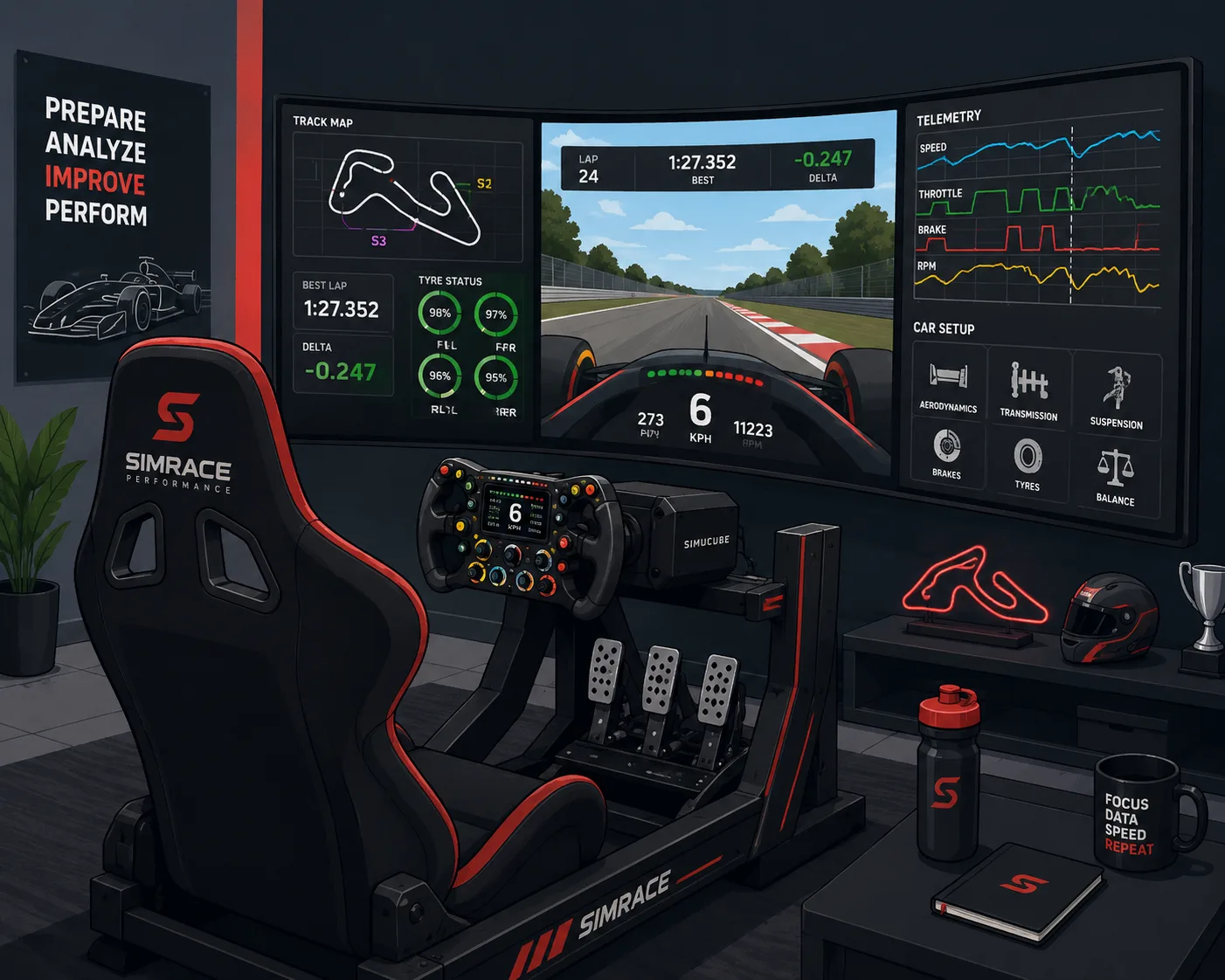 Flat illustration of a Formula 1 simulator training session with digital track data