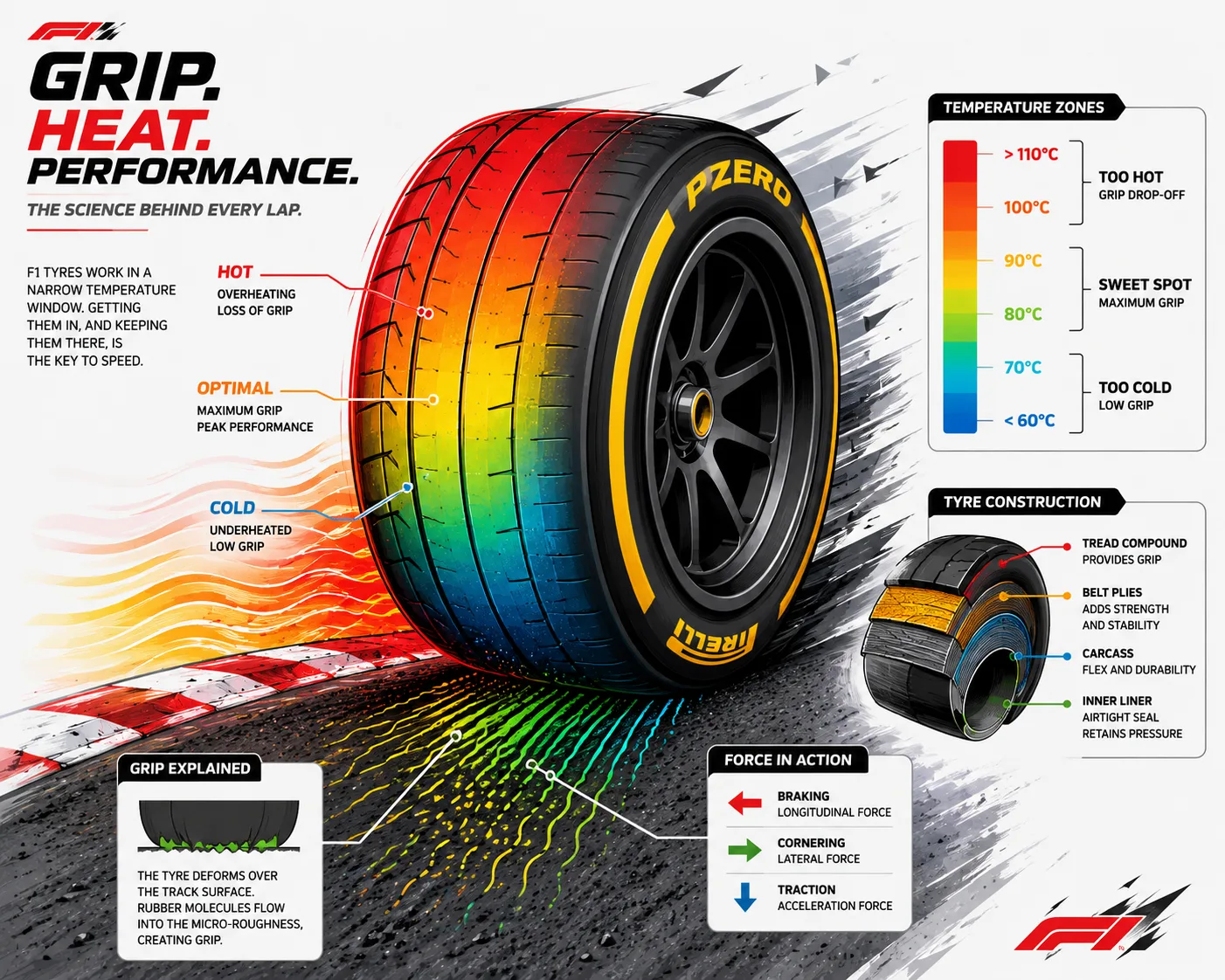 Stylized racing tire heat and grip management illustration