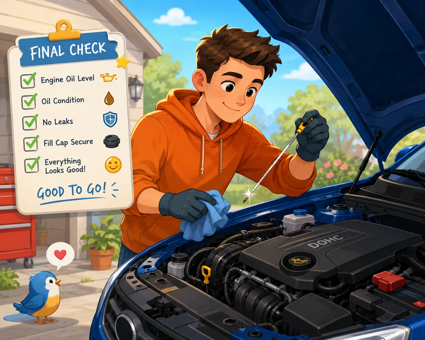 Soft digital painting illustration of final engine oil inspection before closing the hood