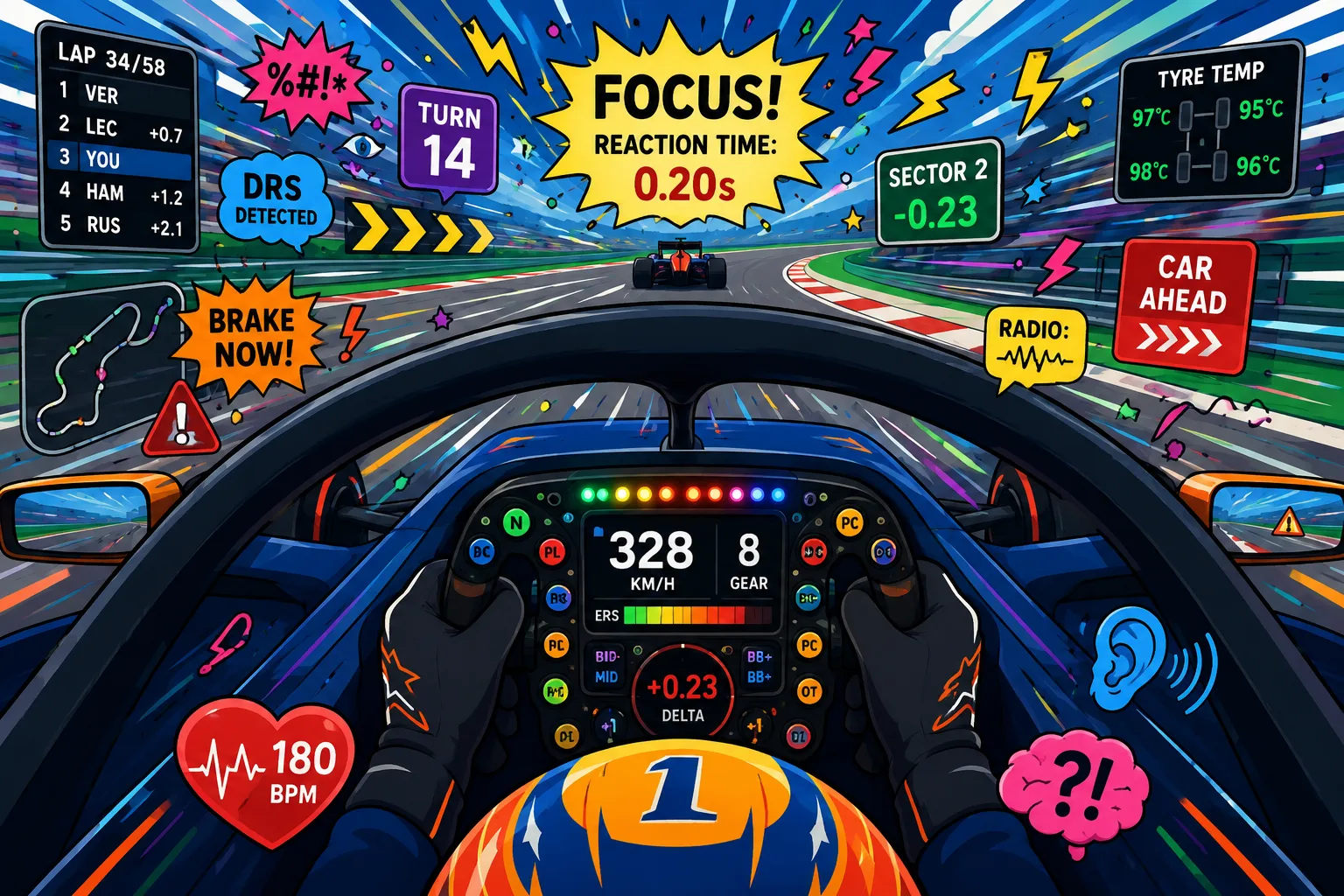 Cartoon-style F1 cockpit scene showing sensory overload and rapid driver reactions