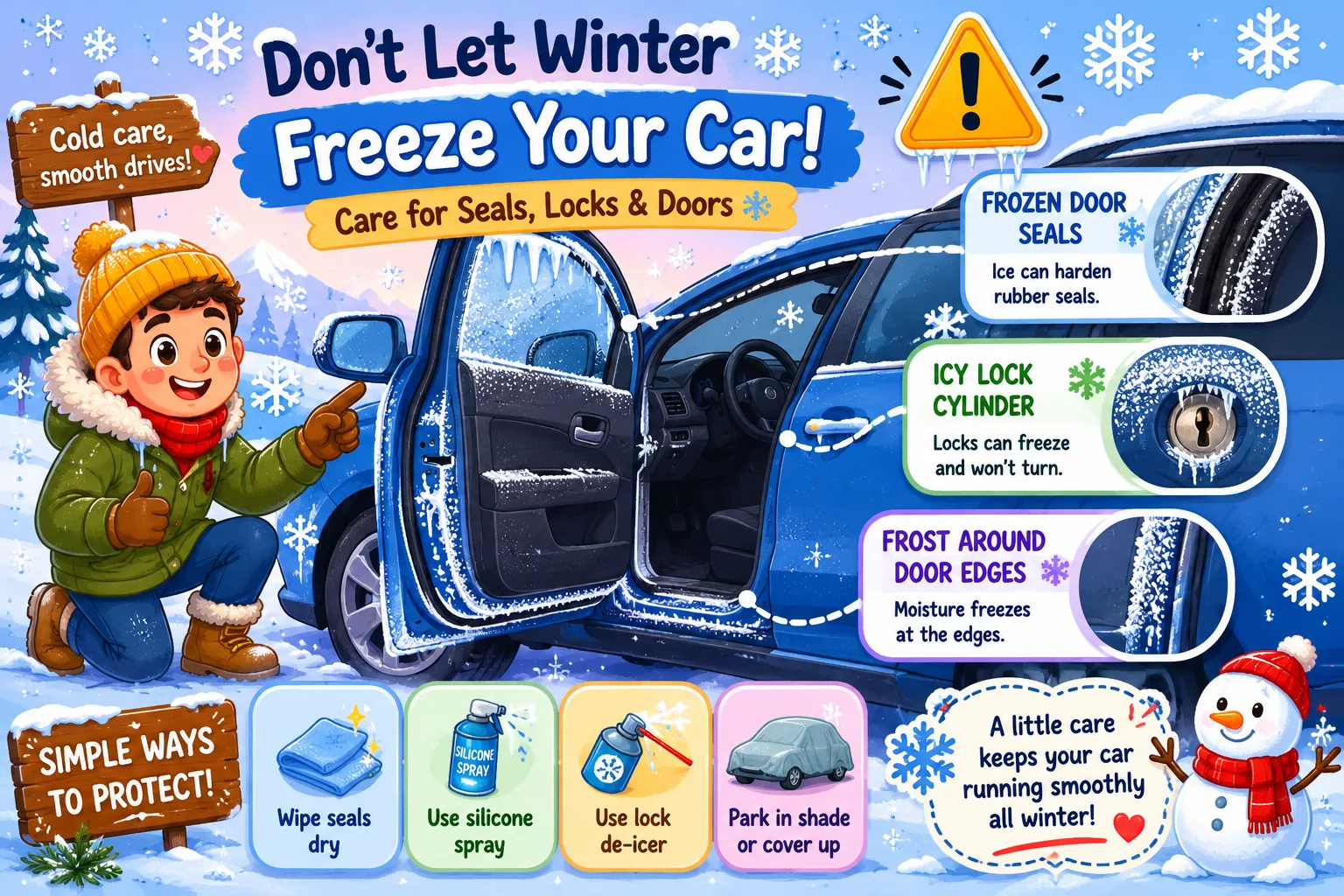 Frozen door seals and locks after winter car wash