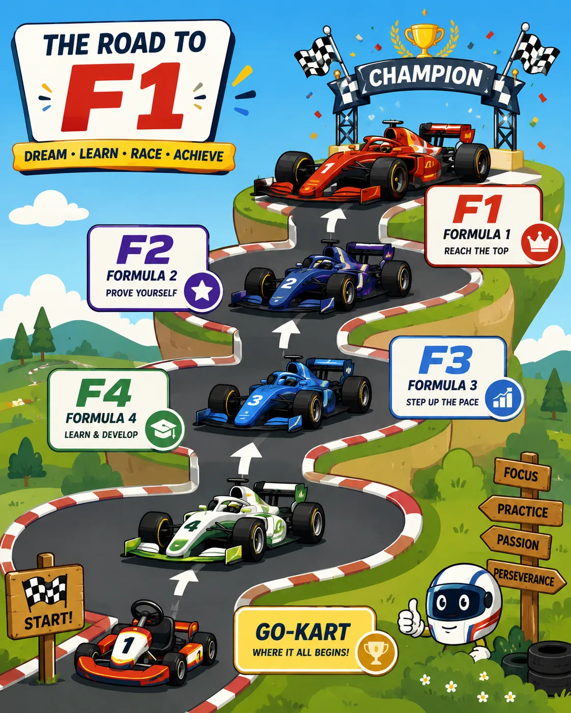 Cartoon racing ladder from karting to Formula 1 cars