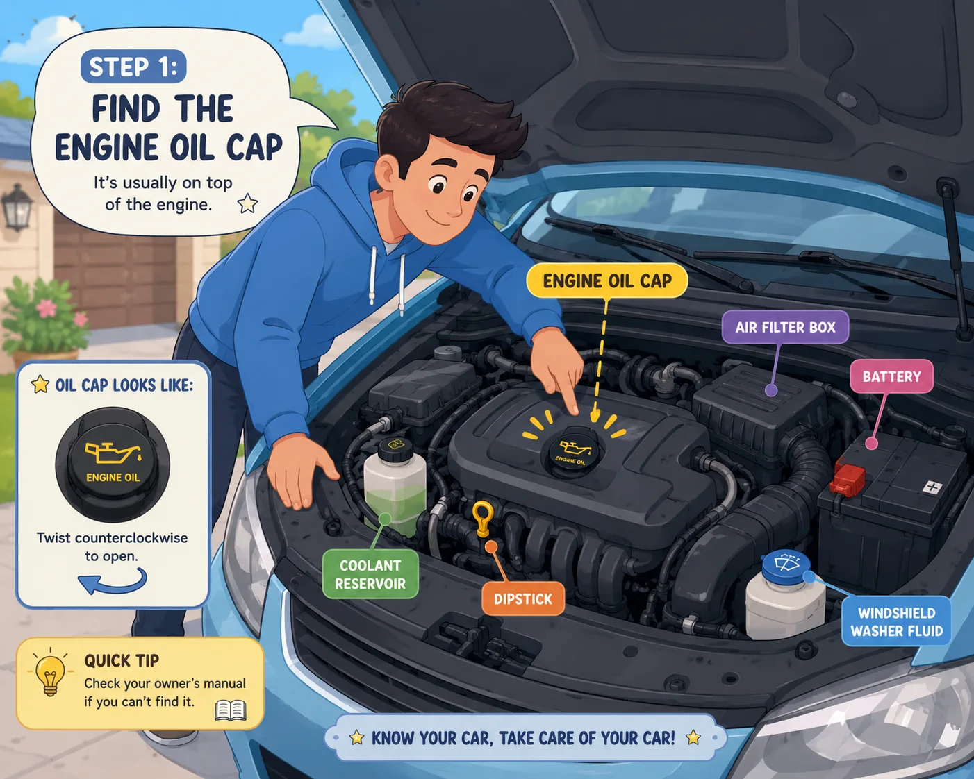 Stylized illustration of locating an engine oil cap under a car hood