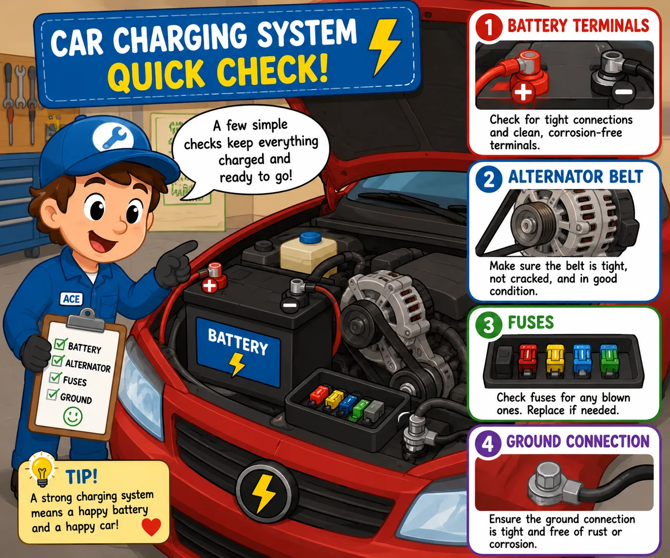 Cartoon mechanic checking battery terminals alternator belt and charging system components
