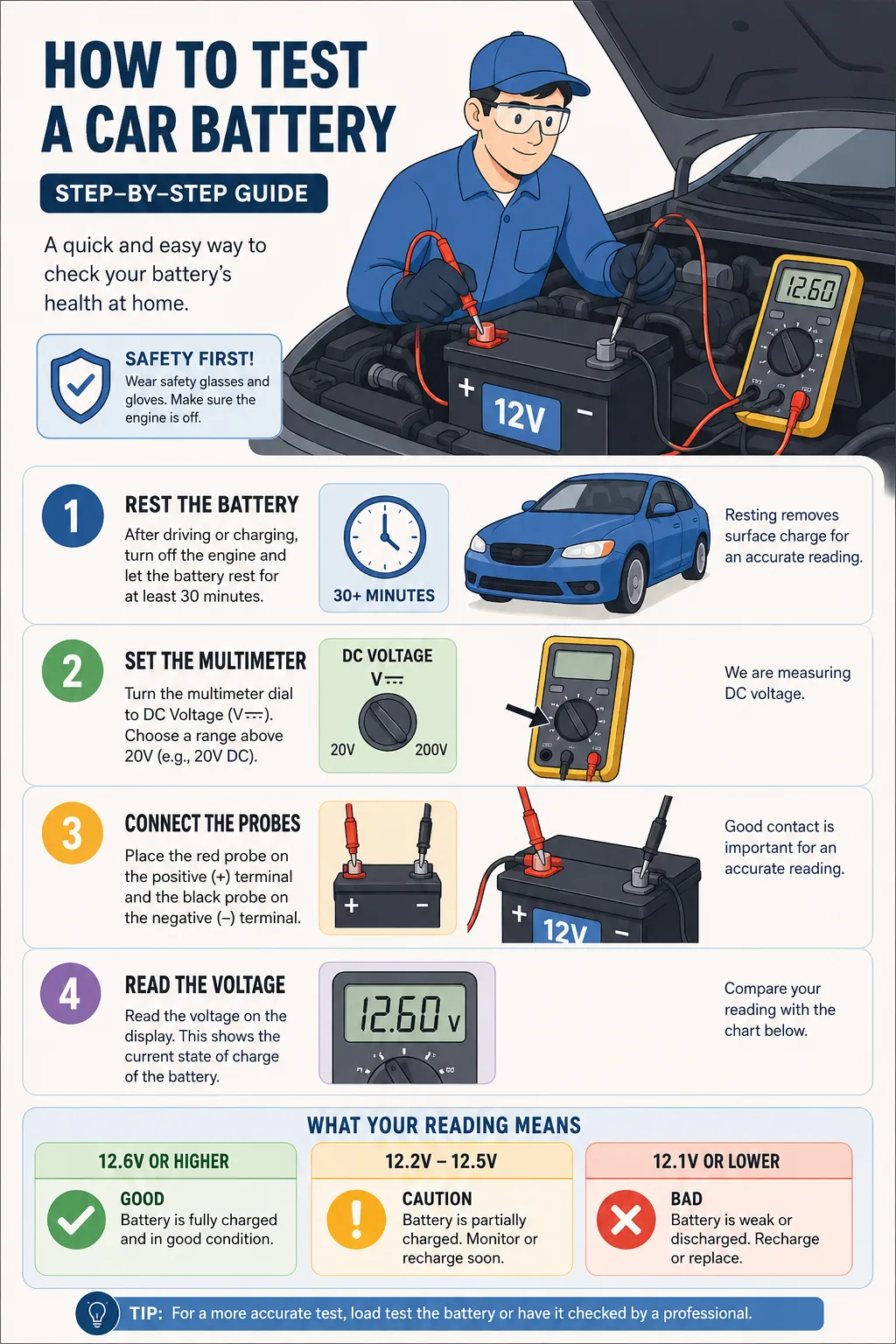 Proper battery testing procedure using a multimeter on vehicle battery