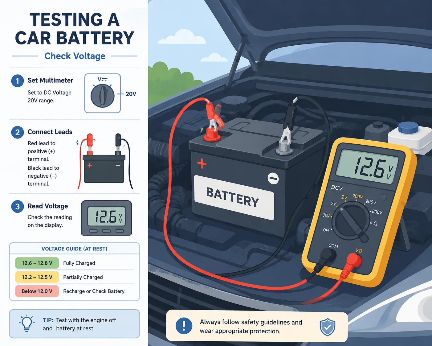 Stylized multimeter testing car battery voltage near an open hood