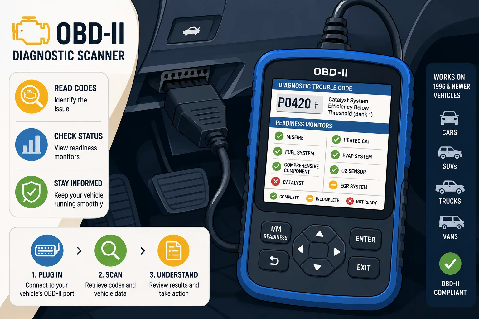 Stylized OBD-II scanner reading car diagnostic codes