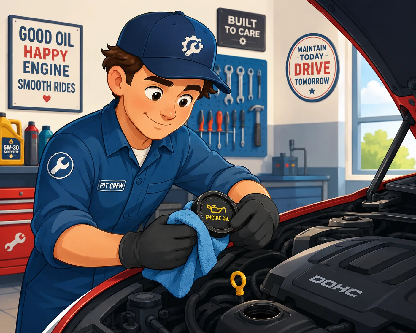 Cartoon style mechanic opening an engine oil cap using gloves and a microfiber towel