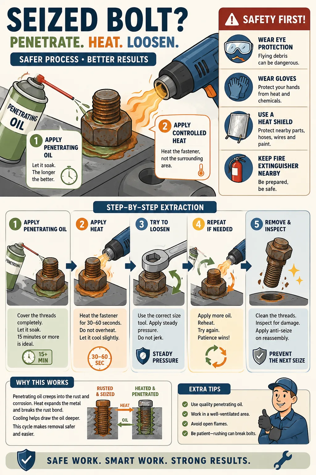 Applying penetrating oil and controlled heat to free a seized bolt