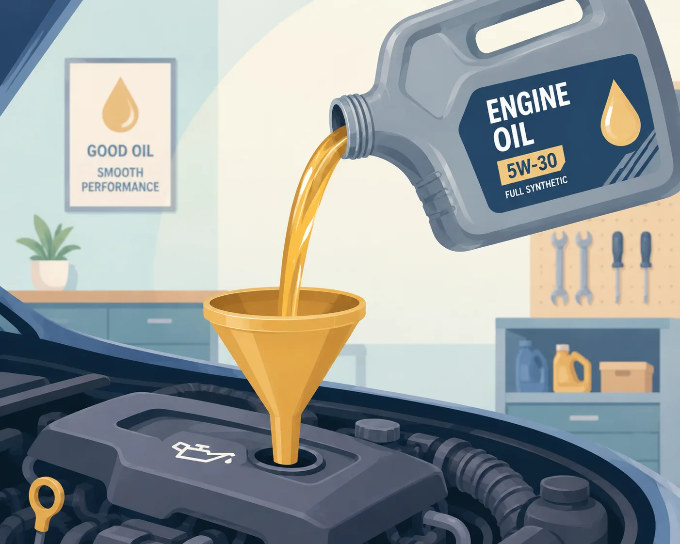 Whimsical vector illustration of pouring engine oil carefully through a funnel