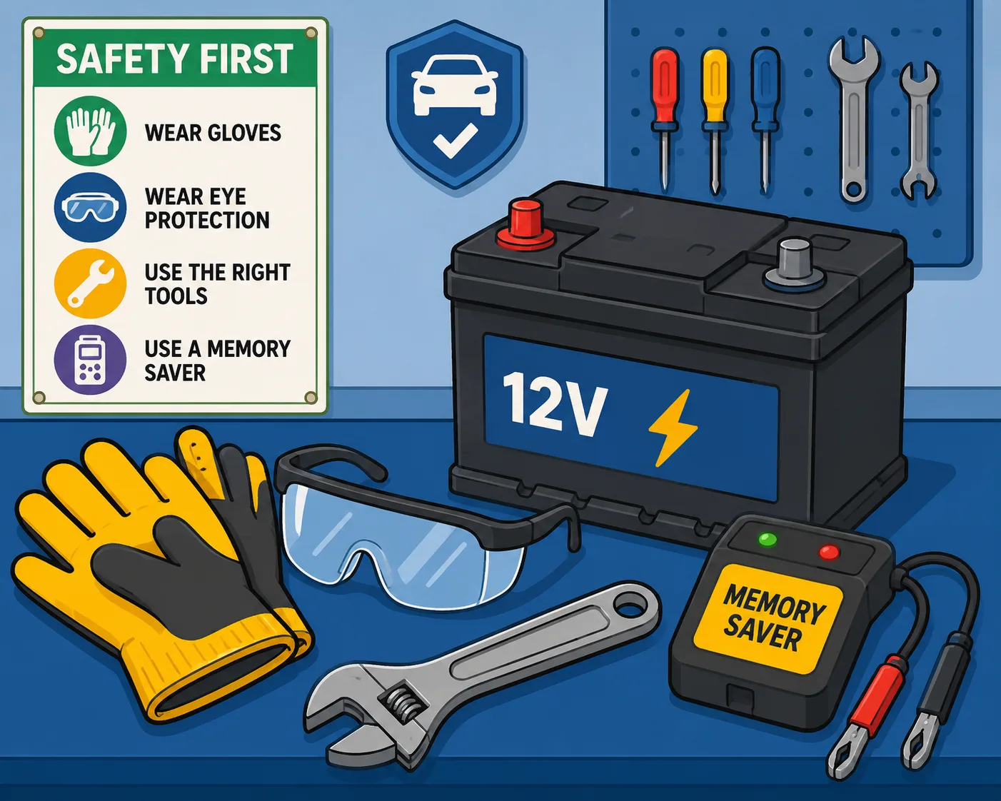 Cartoon safety tools beside a disconnected car battery