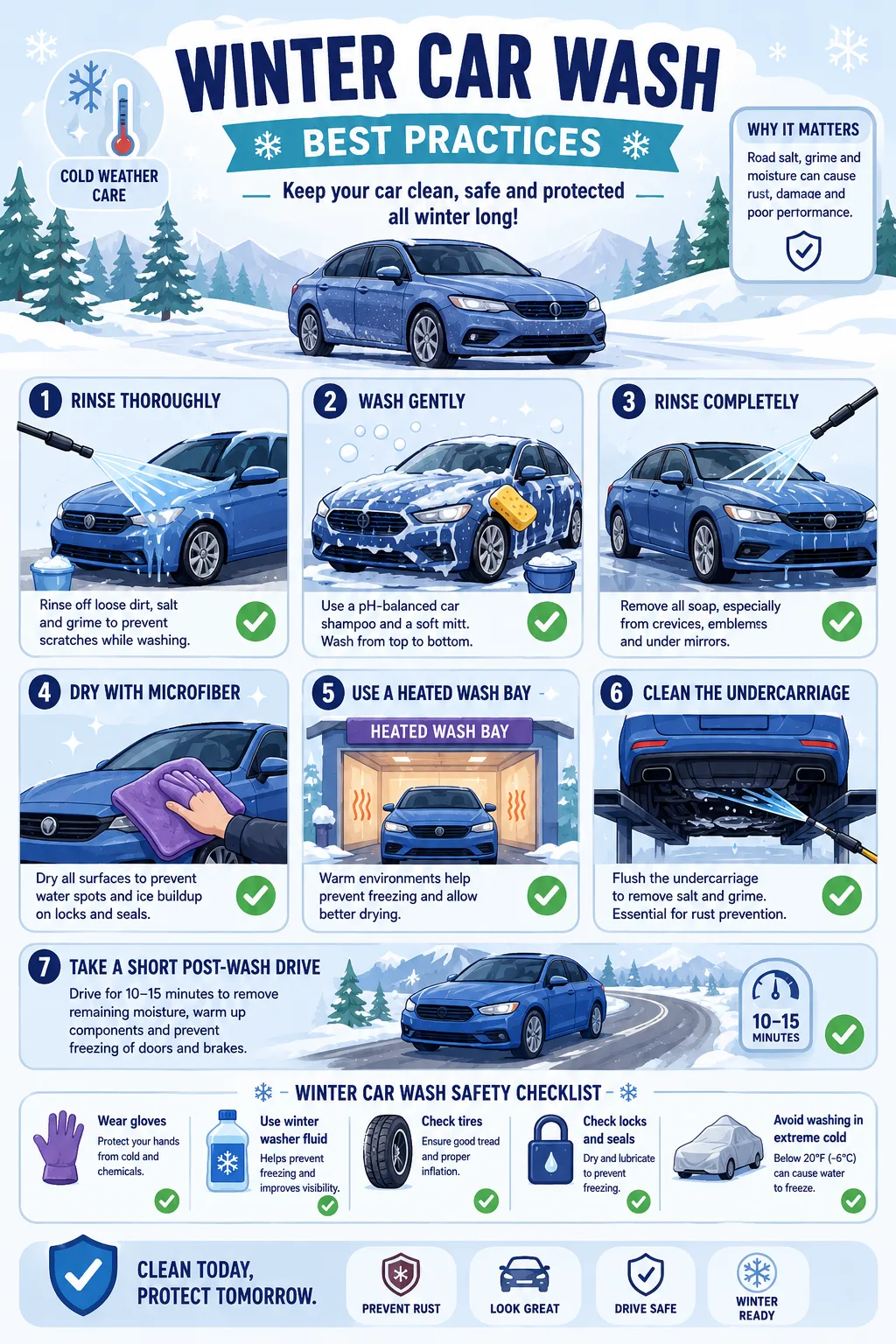 Safe winter car washing and drying best practices infographic