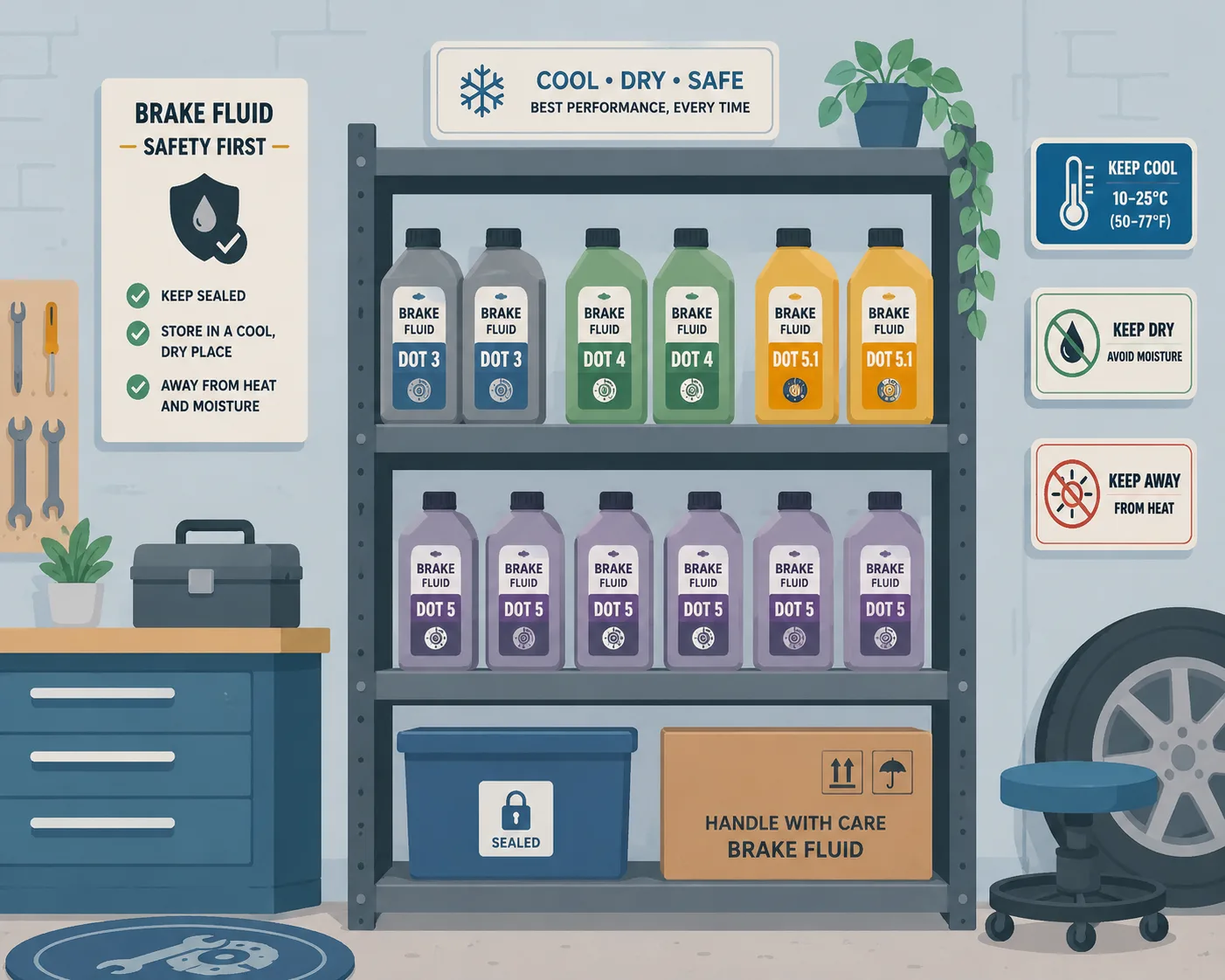 Stylized illustration of sealed brake fluid containers stored safely in a garage
