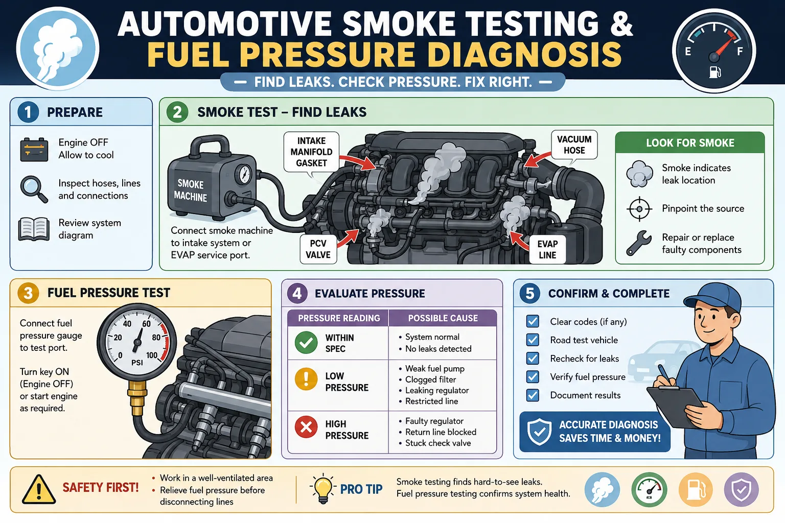 Automotive smoke testing and fuel pressure diagnosis process