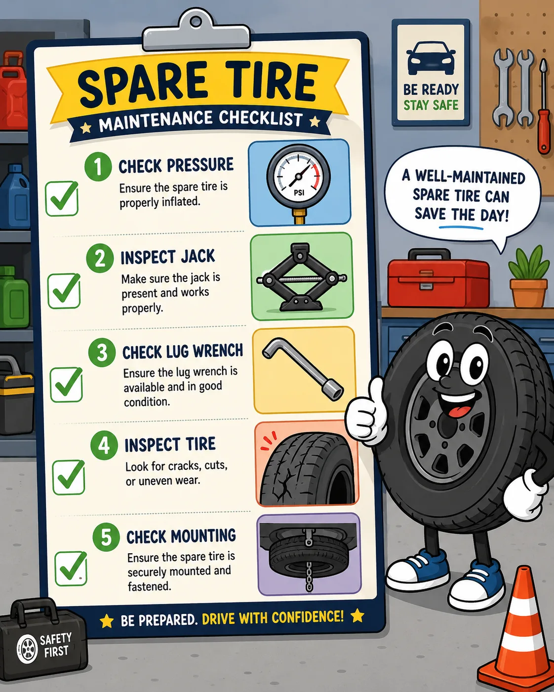 Cartoon spare tire maintenance checklist with pressure gauge and jack