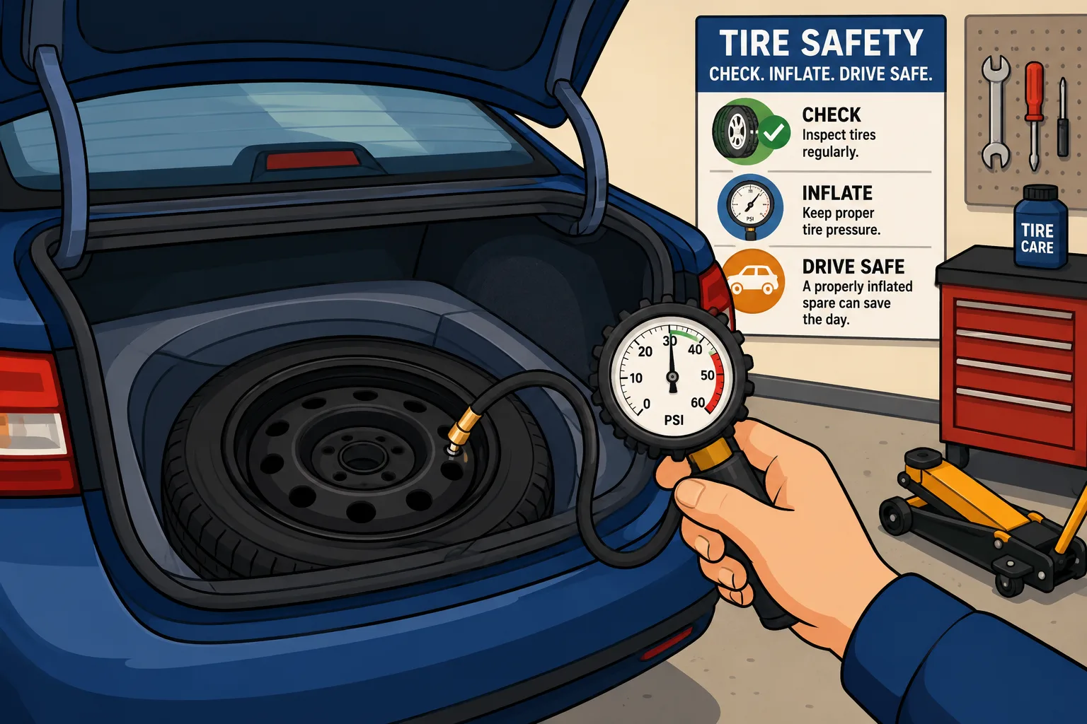 Illustration of a driver checking spare tire pressure with a gauge