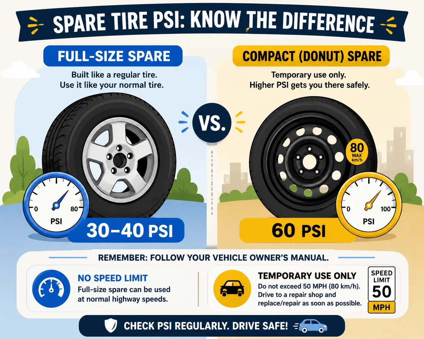 Illustrated comparison chart of full-size spare and compact donut spare PSI