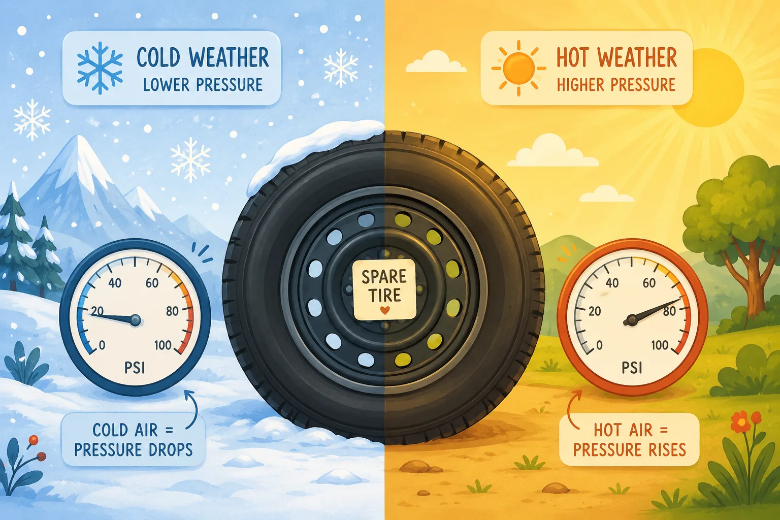 Split illustration showing cold and hot weather effects on spare tire pressure