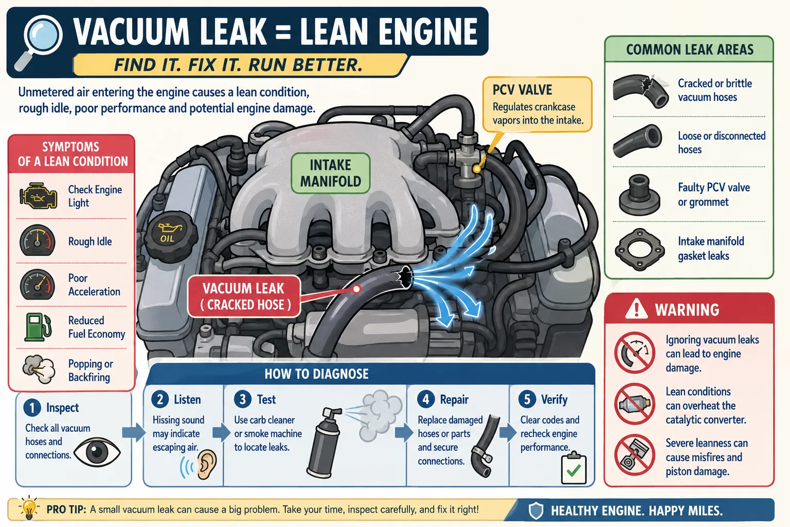 Mechanic identifying vacuum leak causing lean condition