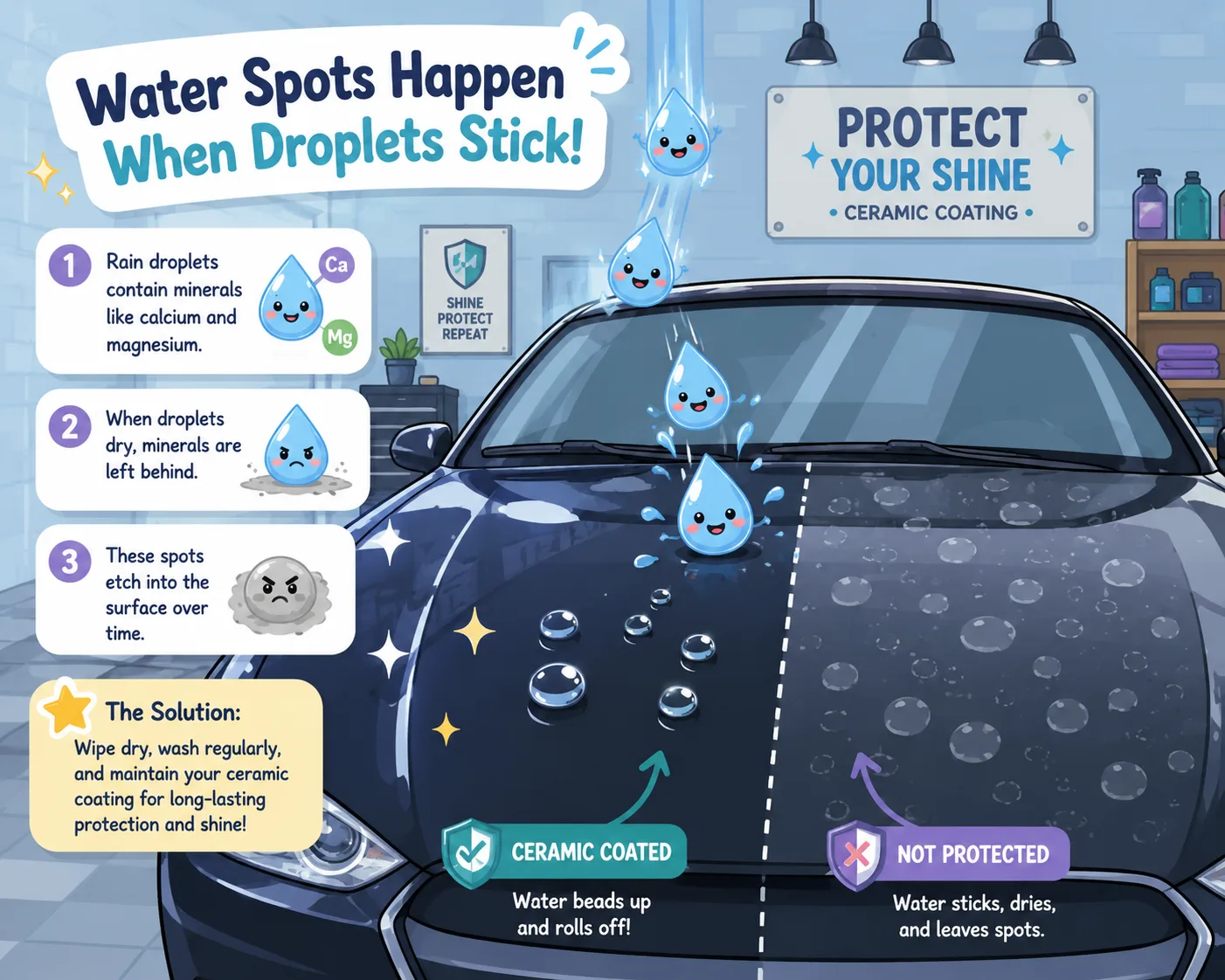Cartoon illustration of water spots forming on fresh ceramic coating