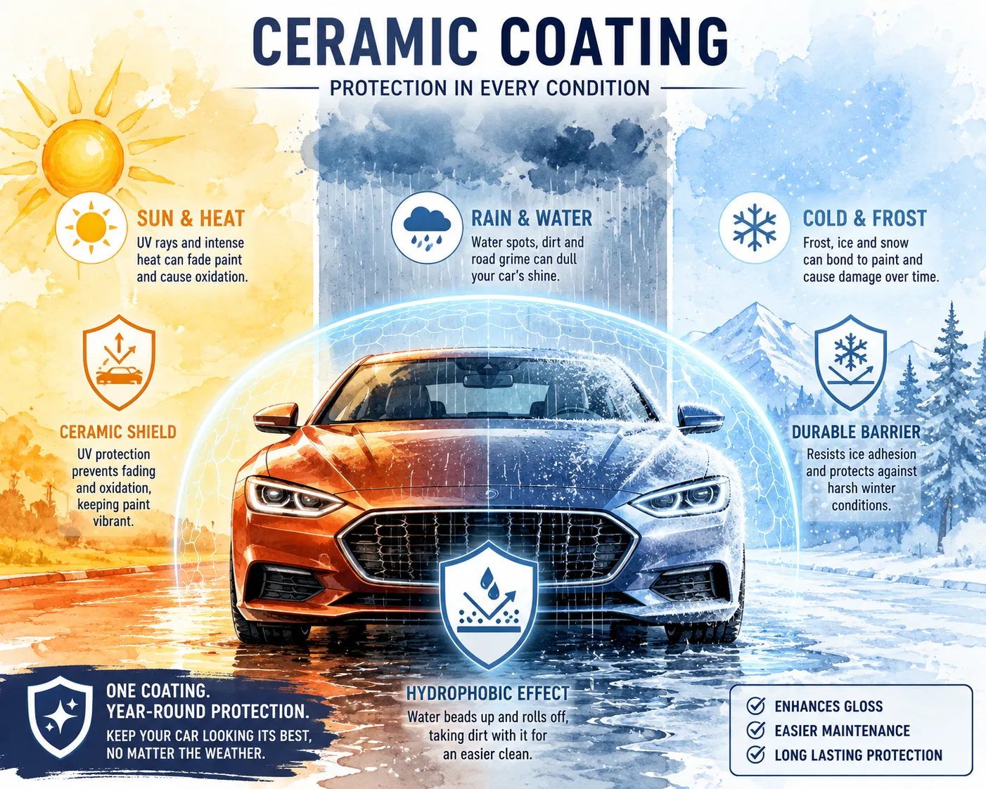 Stylized illustration showing rain heat and cold affecting ceramic coating cure