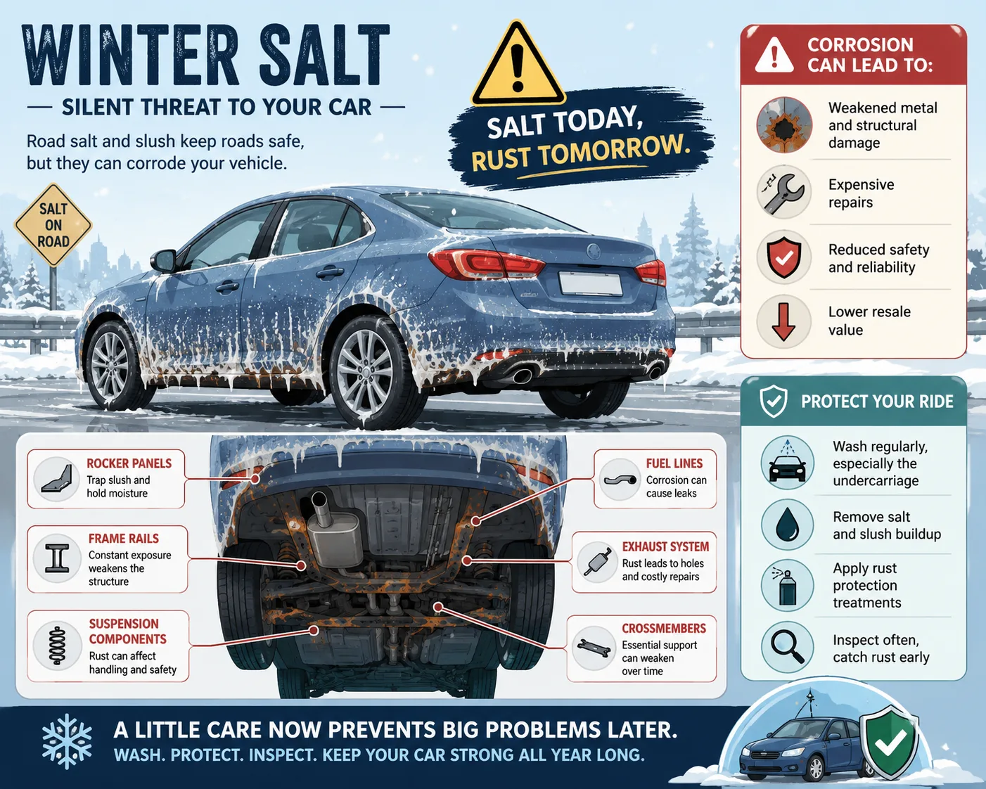 Winter road salt buildup causing vehicle corrosion