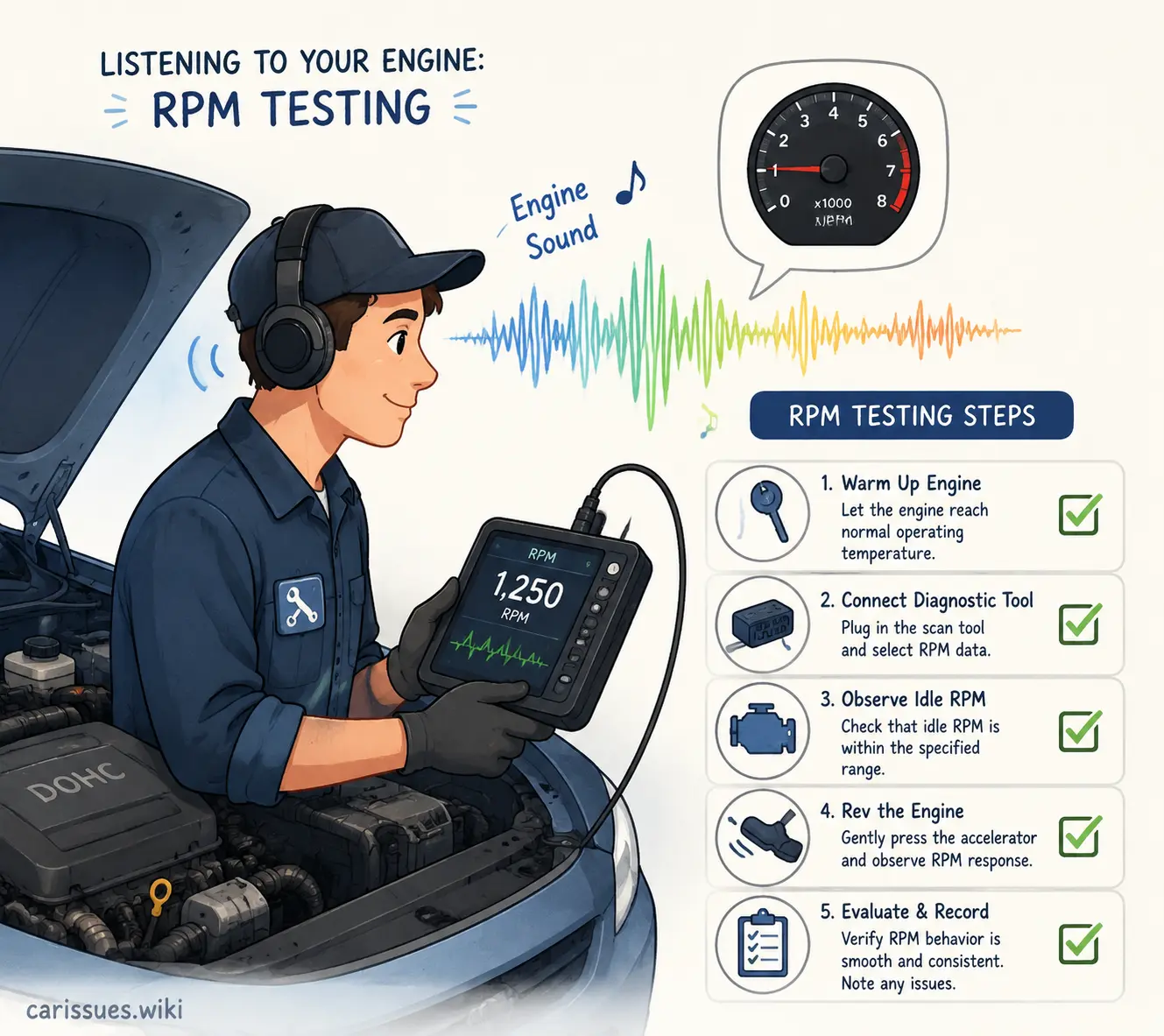 Mechanic performing RPM and engine sound diagnostic checks to locate whining noise