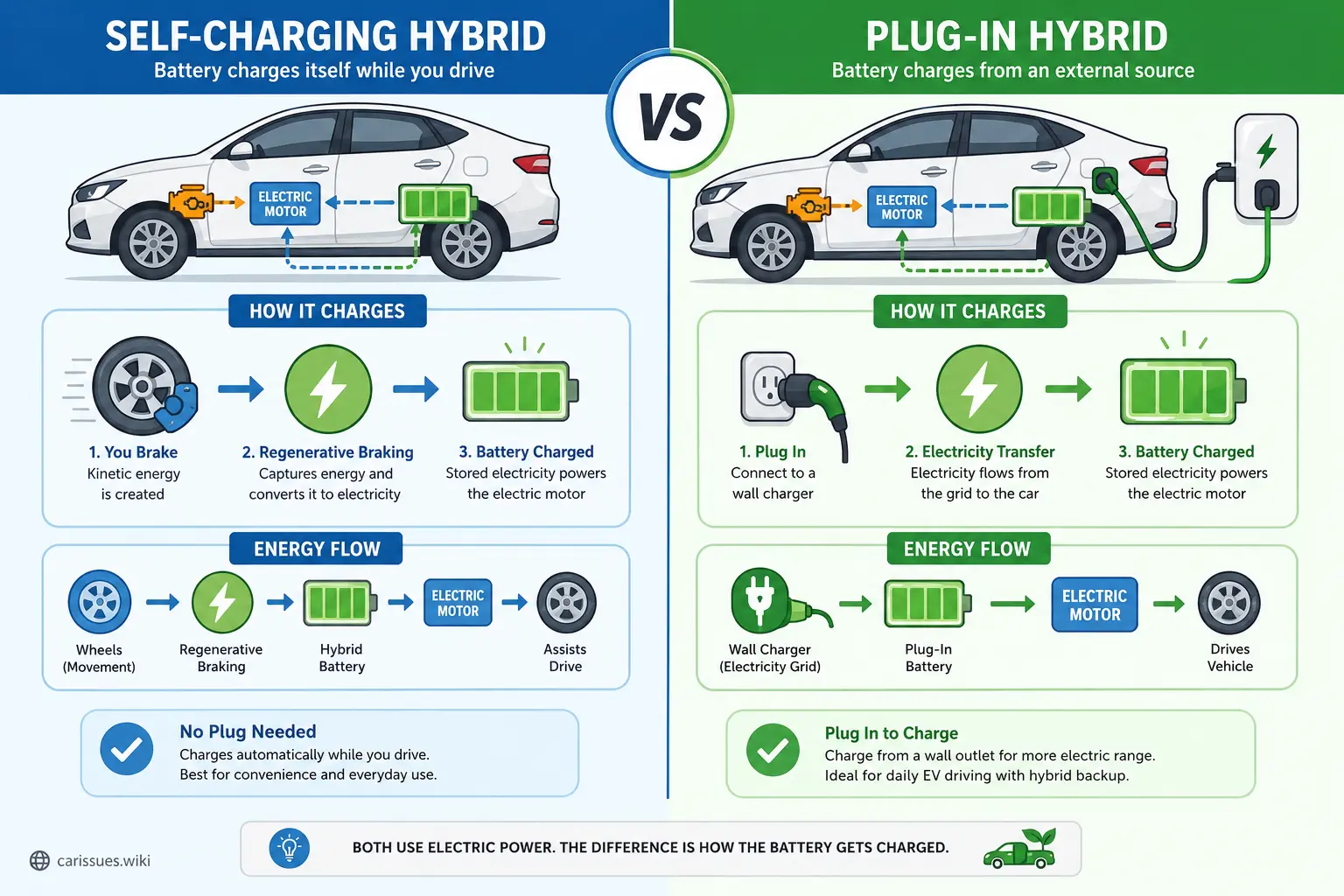 Illustration comparing self-charging and plug-in hybrid battery systems