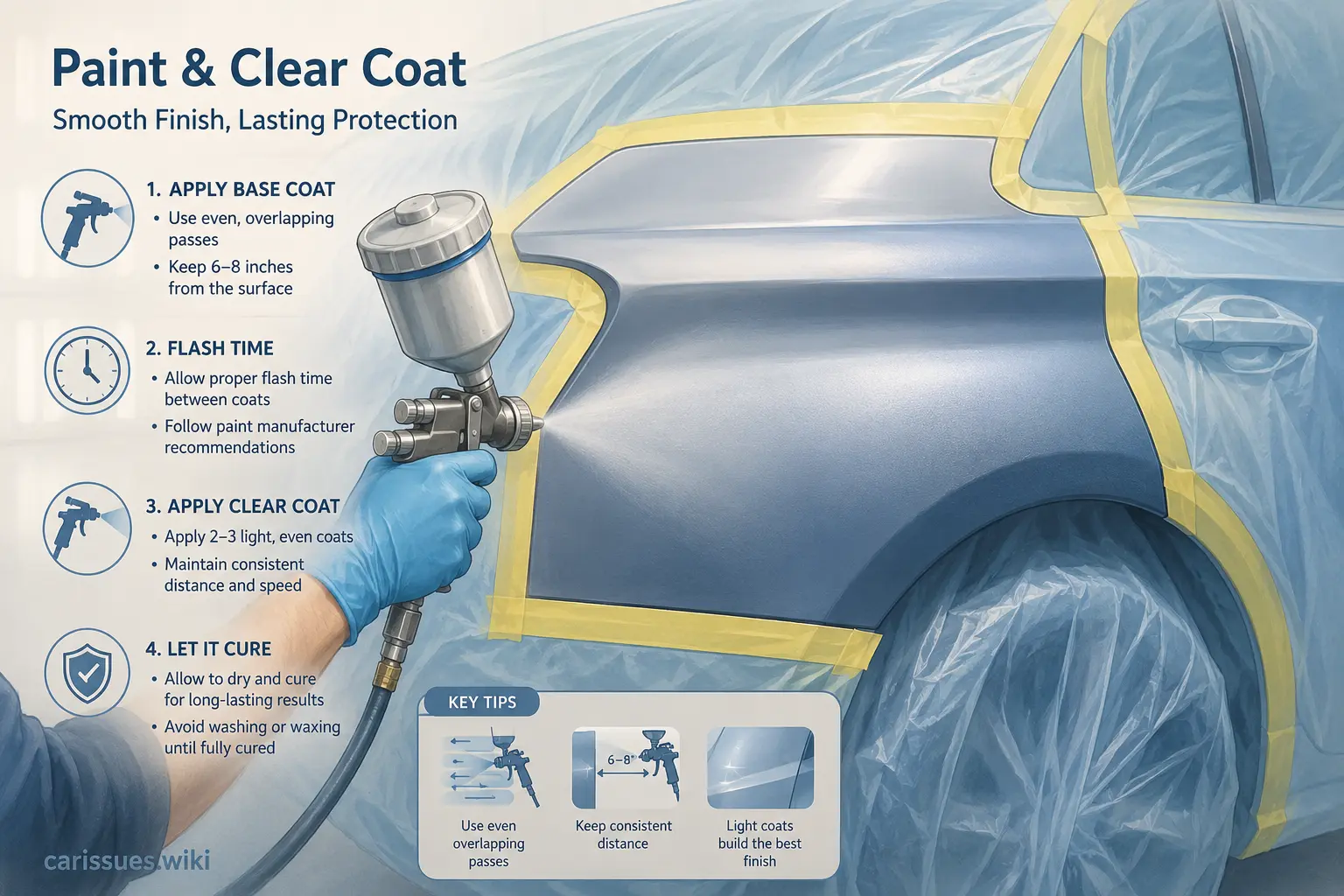 Stylized illustration of applying paint and clear coat to a repaired car panel