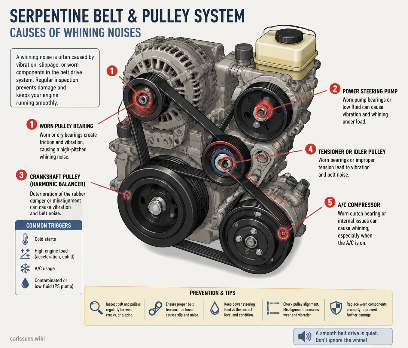 Serpentine belt and pulley system showing wear and noise sources in engine bay