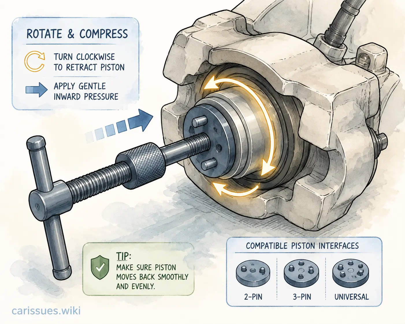 Illustration of controlled brake piston rotation with tool