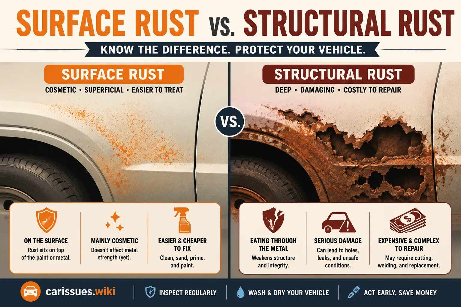 Illustration comparing surface rust and structural rust on a car panel