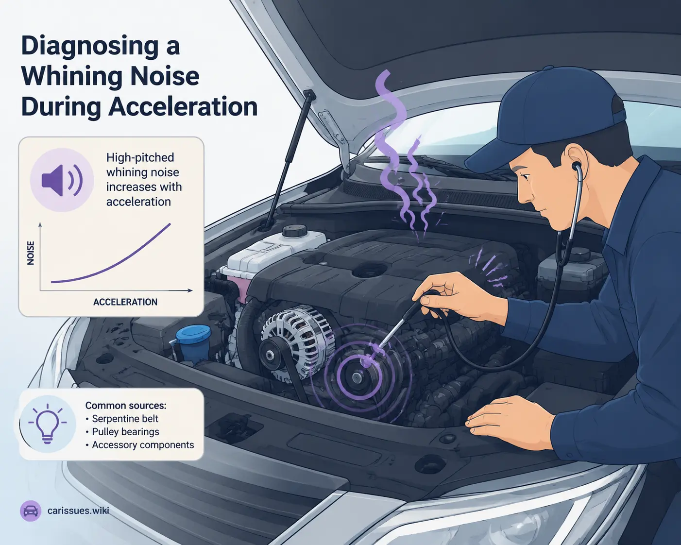 Car engine bay illustrating diagnostic focus on whining noise during acceleration