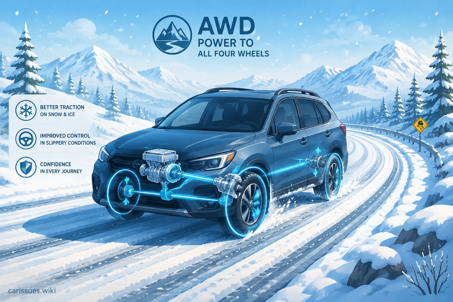 AWD vehicle driving safely on a snowy road