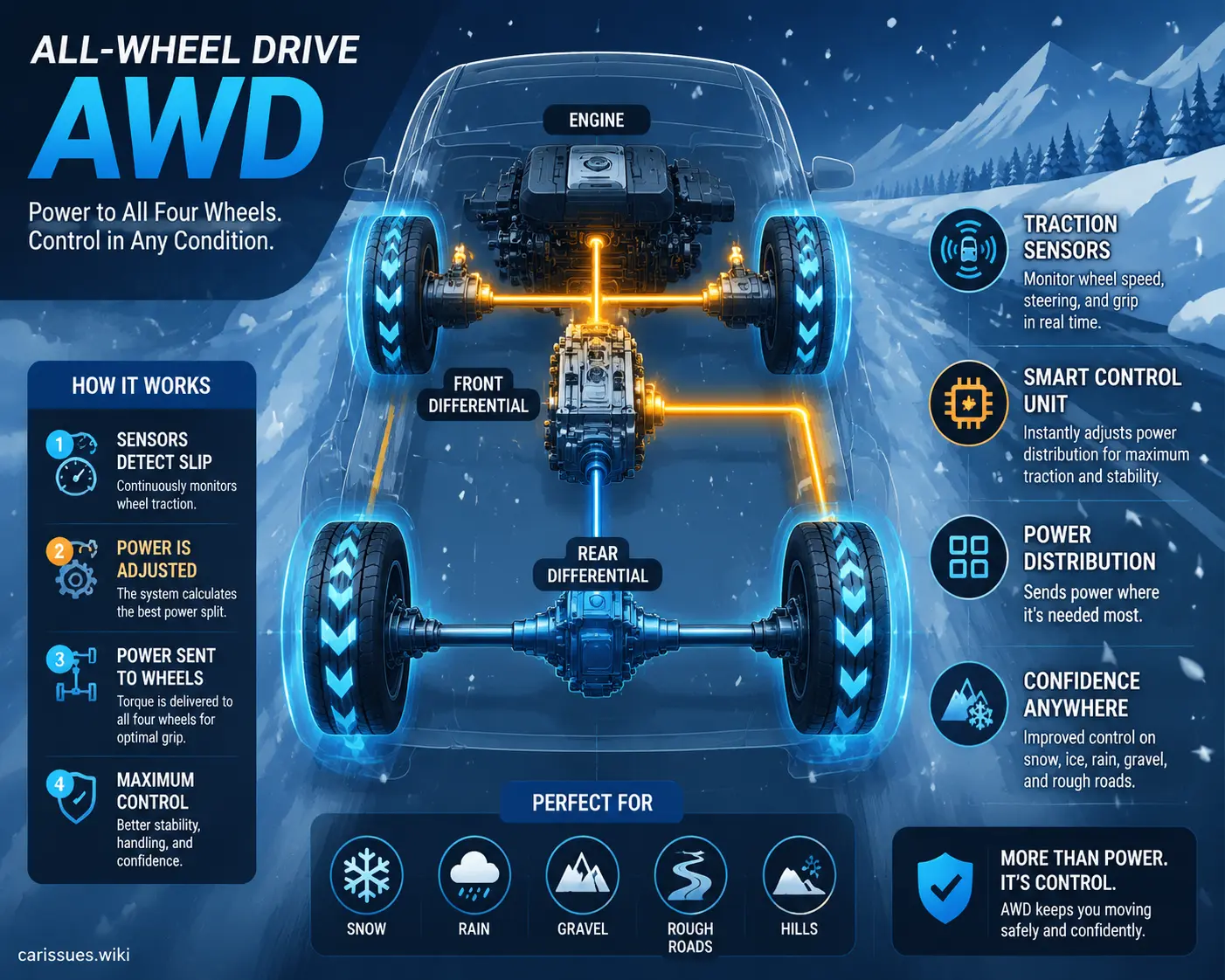 Illustration showing AWD power distribution between wheels
