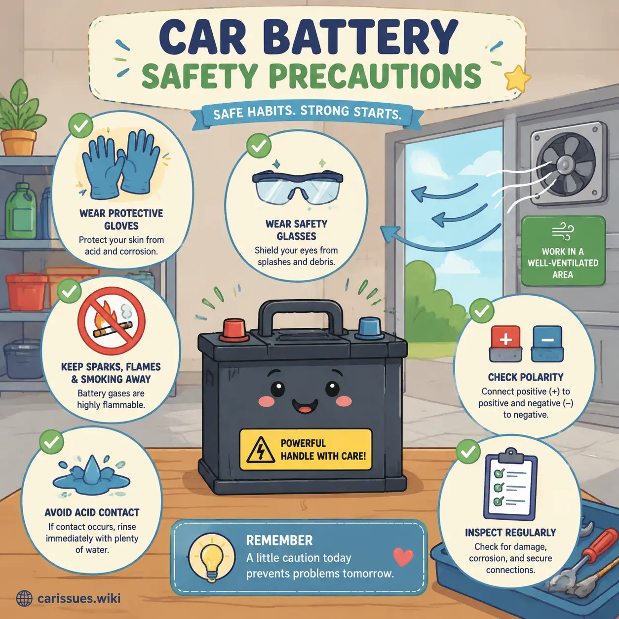 Safety precautions for working on car battery including gear and ventilation