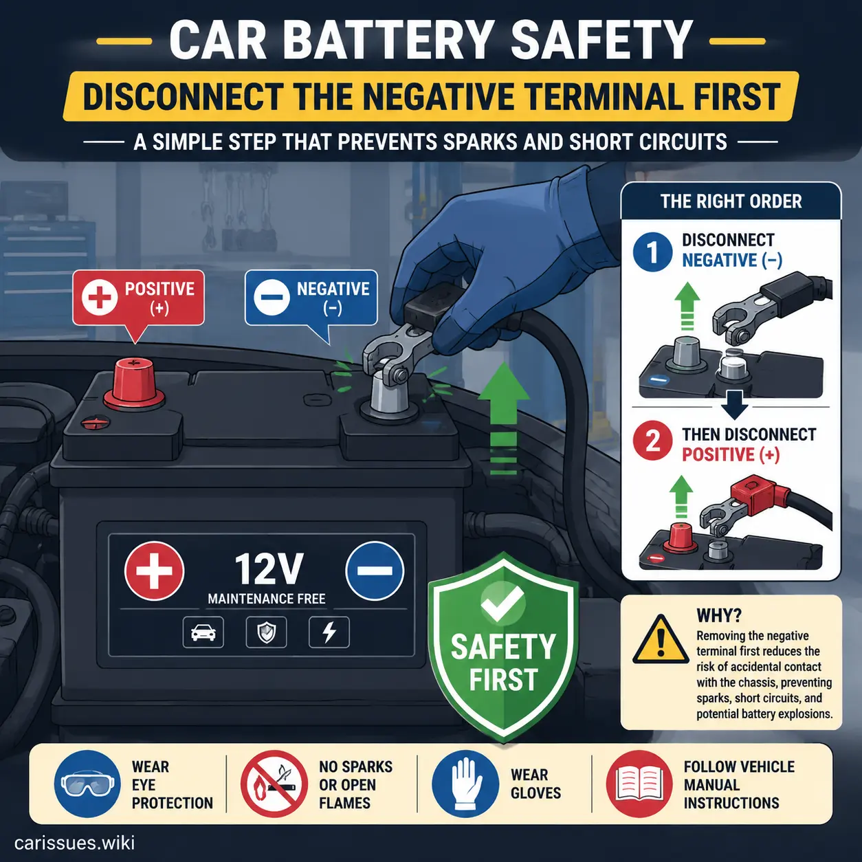 Introductory illustration showing car battery safety and disconnecting negative terminal