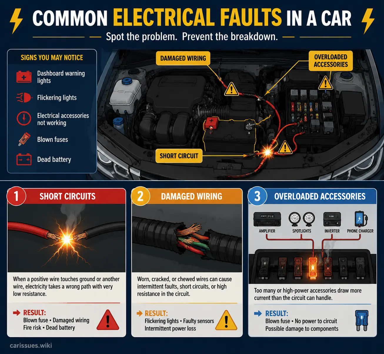 Illustration of car wiring issues causing repeated fuse failures